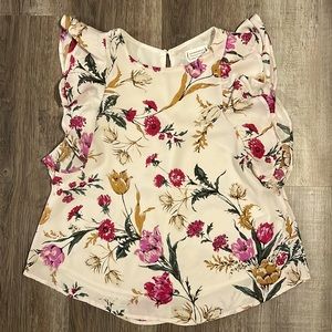 Loveriche Ruffled Sleeve Top. Cream, pinks, and mustard yellow pattern. Small.